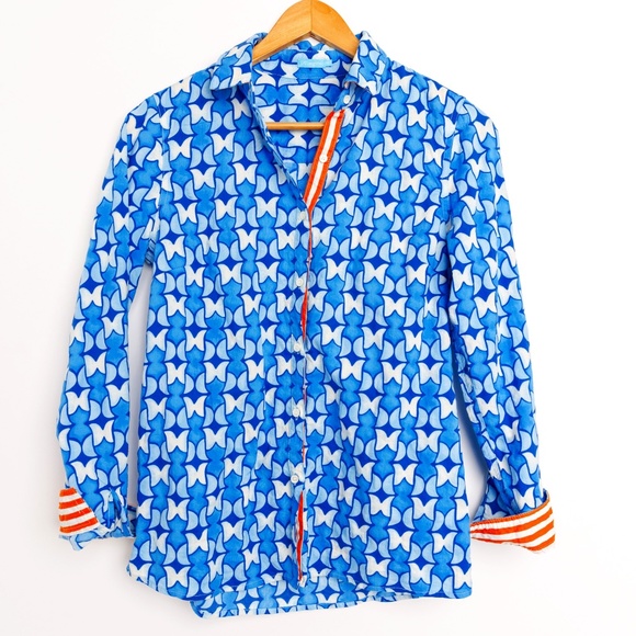 J Mclaughlin Colorful Pop Patterned Shirt Blue White Orange Size XS - Picture 1 of 3